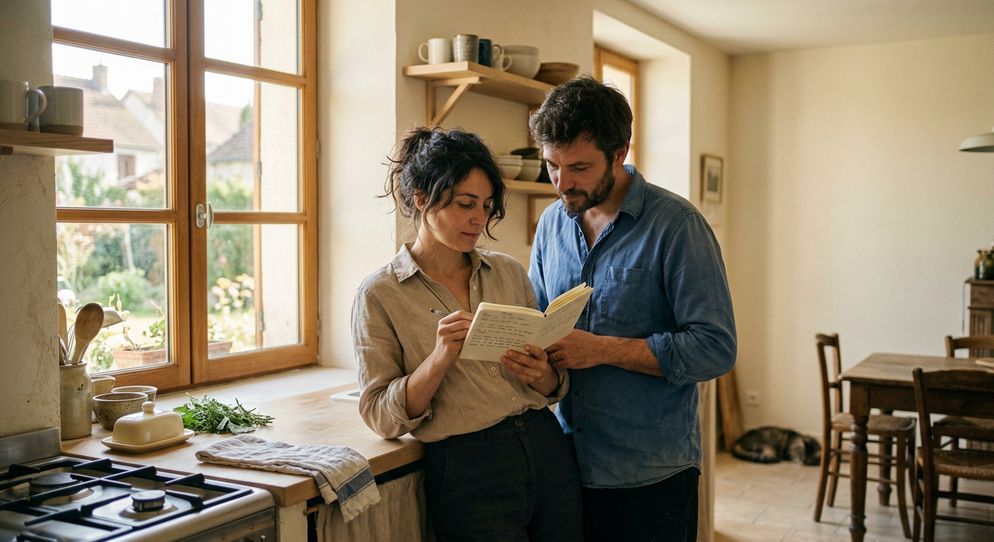 Un couple dans leur cuisine, tôt le matin, en train de noter les habitudes de leur logement.