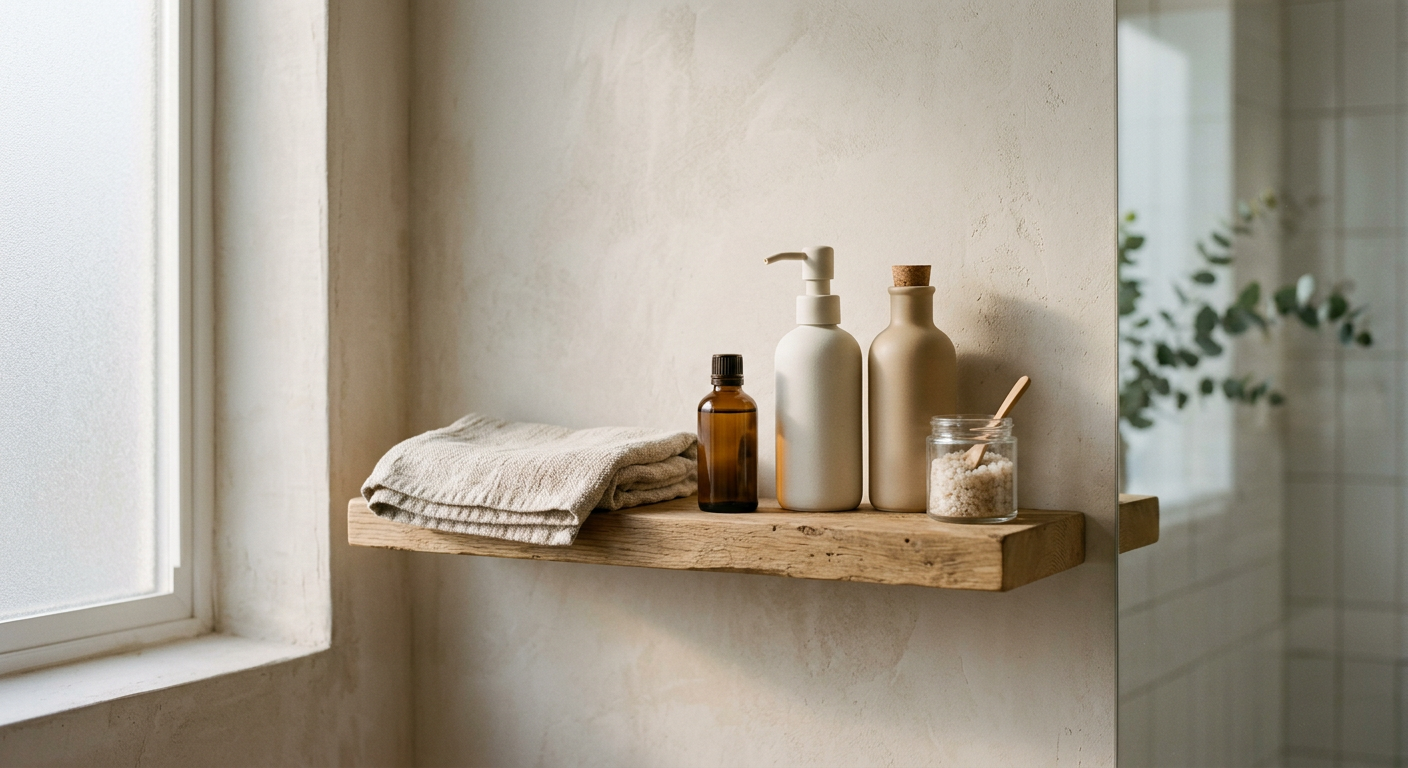 Une étagère de salle de bain, avec quelques produits, dans la lumière du matin.